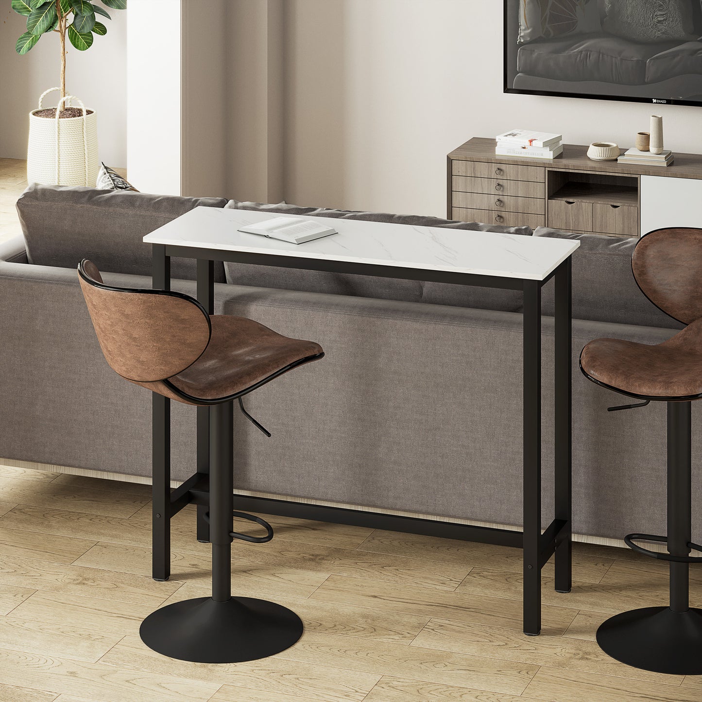 HOMCOM Bartisch in Marmoroptik, Stahlrahmen, Nivellierfüße, 120x40x100 cm, Weiß/Schwarz