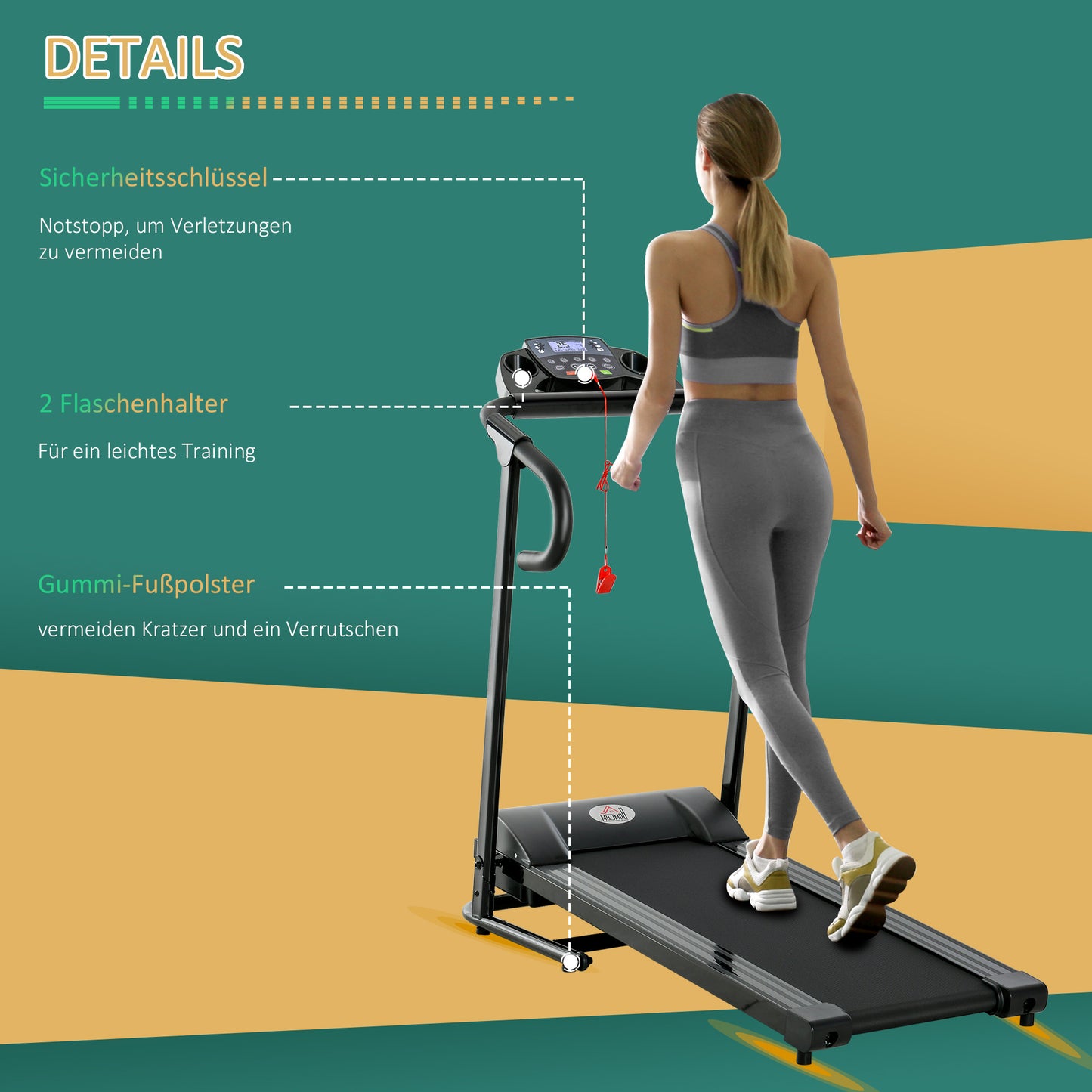 homcom Elektrisches Laufband, faltbar, mit LCD-Display, Geschwindigkeit 0,8-10km/h und 3 Programme, Leistung 500 W, 123 x 62 x 117 cm, Schwarz