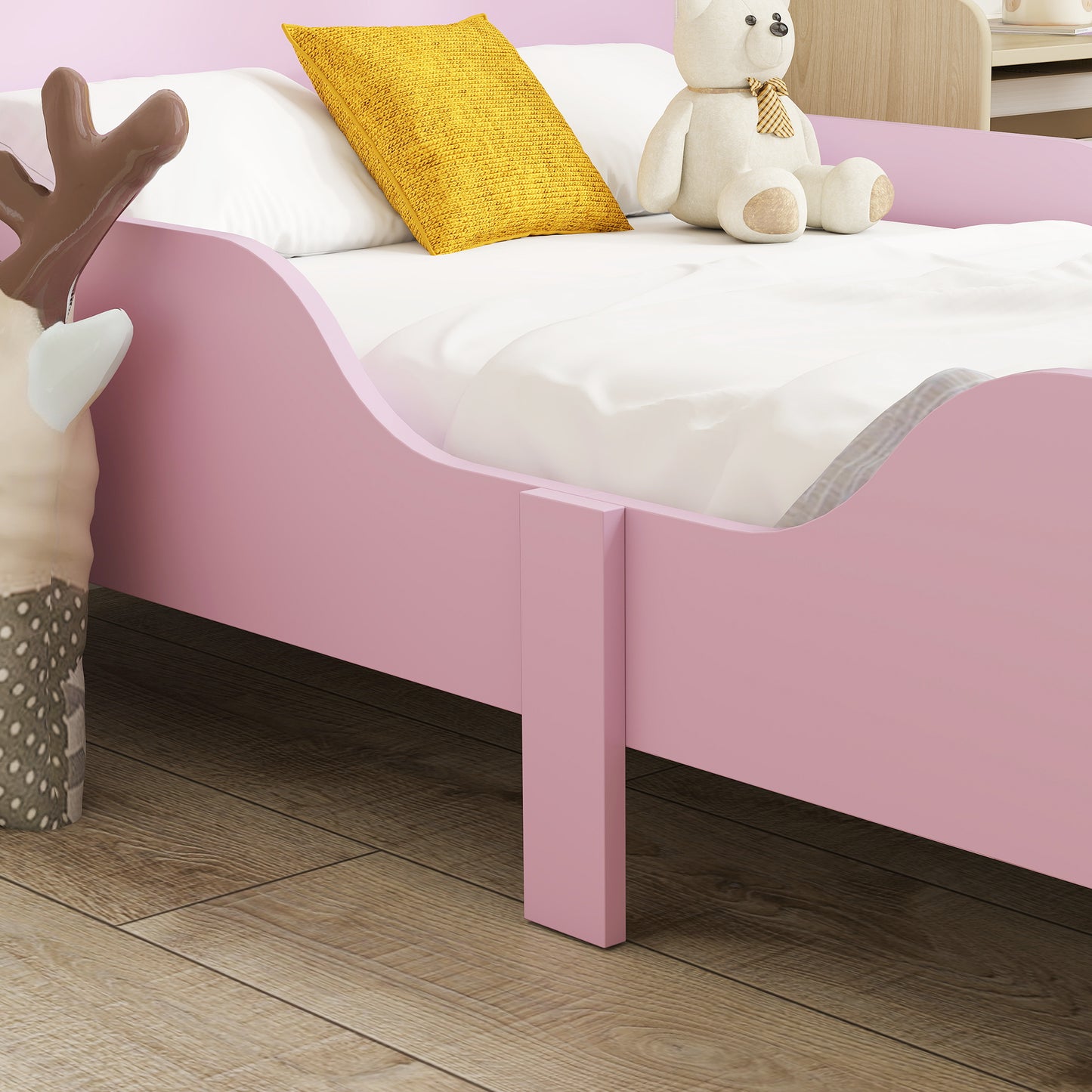 AIYAPLAY Kinderbettgestell، Einzelbettrahmen für Kinder، Schutzgitter، Kleines Bett für Kinderzimmer، MDF، ohne Matratze، Rosa
