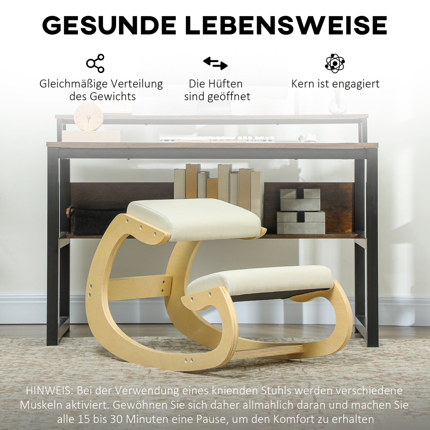 HOMCOM Ergonomischer, schaukelnder Kniehocker für Homeoffice, zur Verbesserung der Körperhaltung, Creme