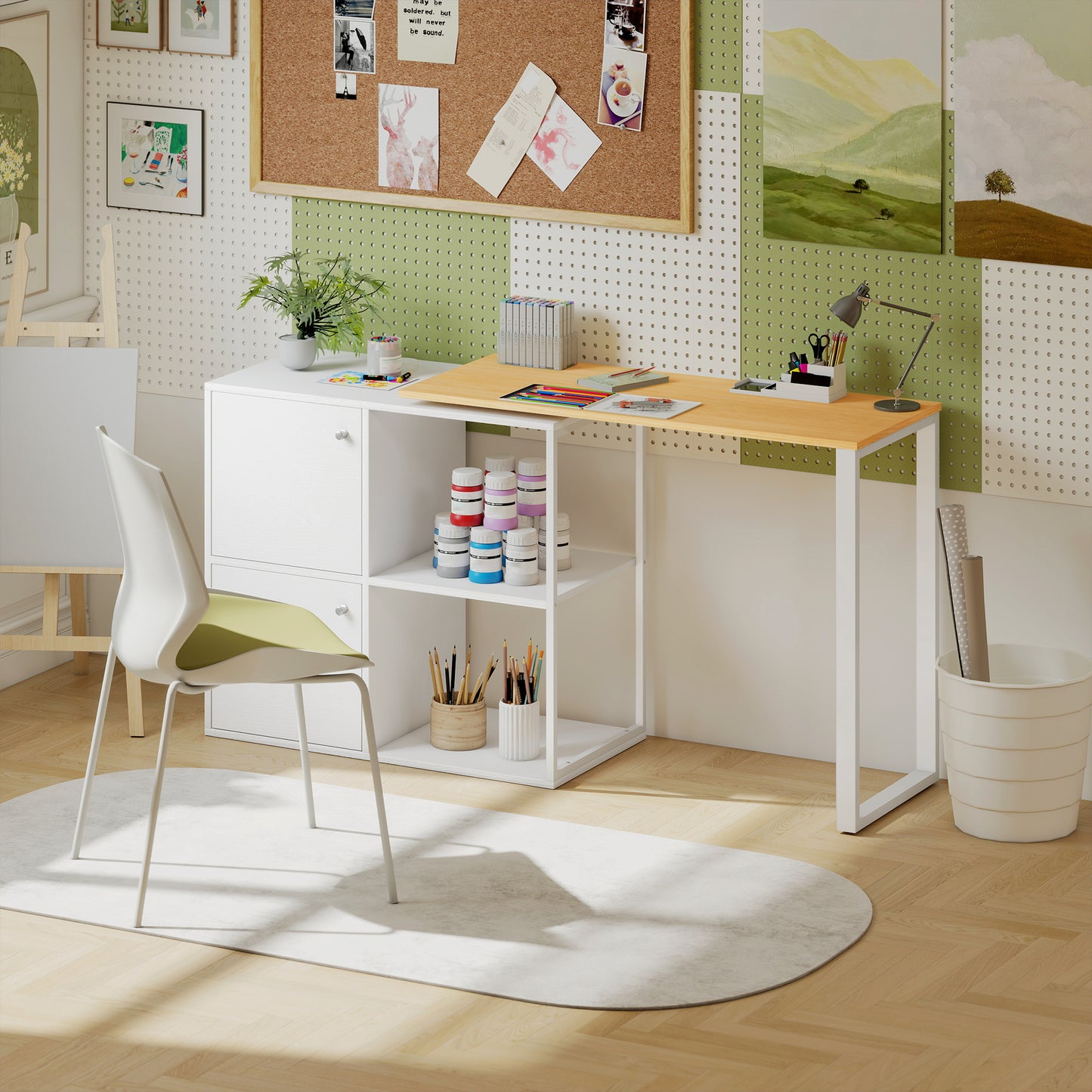 HOMCOM Schreibtisch L-förmig, 360° drehbarer Eckschreibtisch mit 2 Lagerschränken, 2 offenen Regalen, Computertisch für kleine Räume, Arbeitszimmer, Wohnzimmer, 150x40x75 cm, Weiß