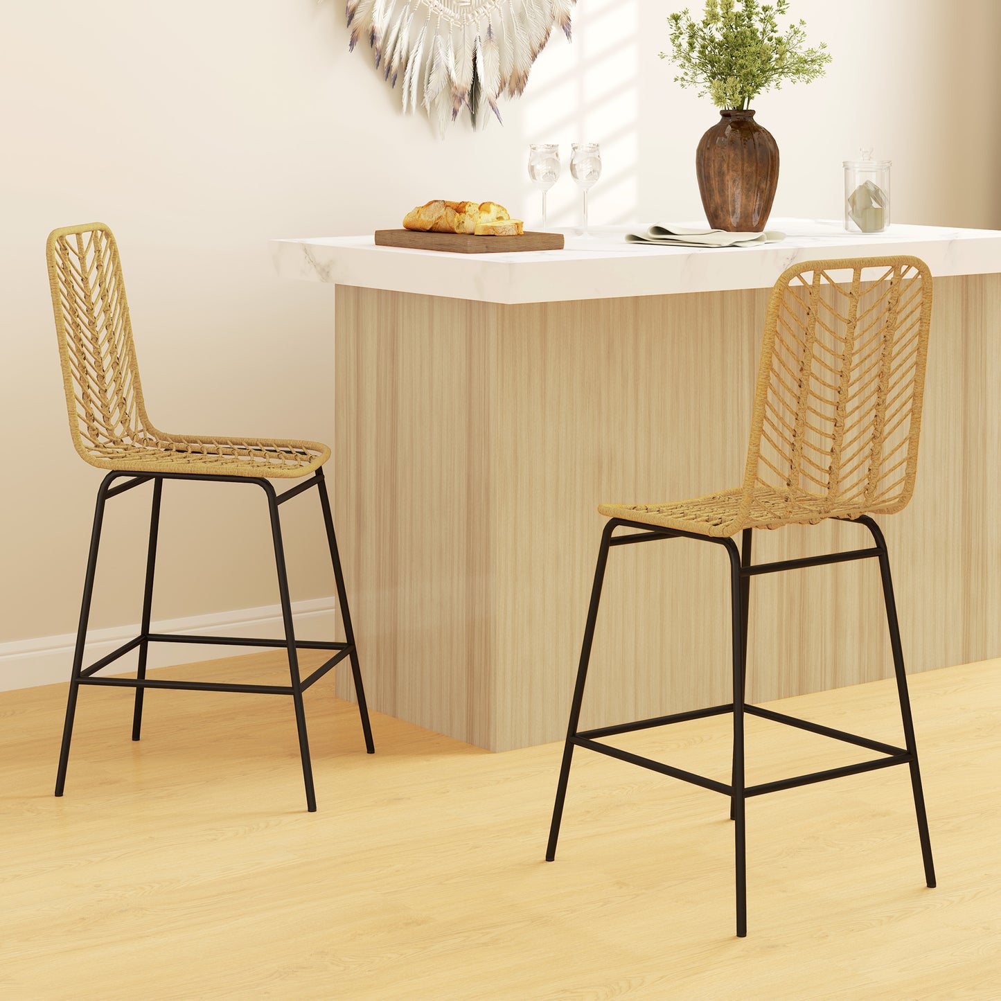 HOMCOM 2er Set Barhocker mit Lehne Barstühle im Boho-Design, PE-Rattan, inkl. Fußtstütze, 42,5 cm x 52 cm x 102 cm, Gelb + Schwarz