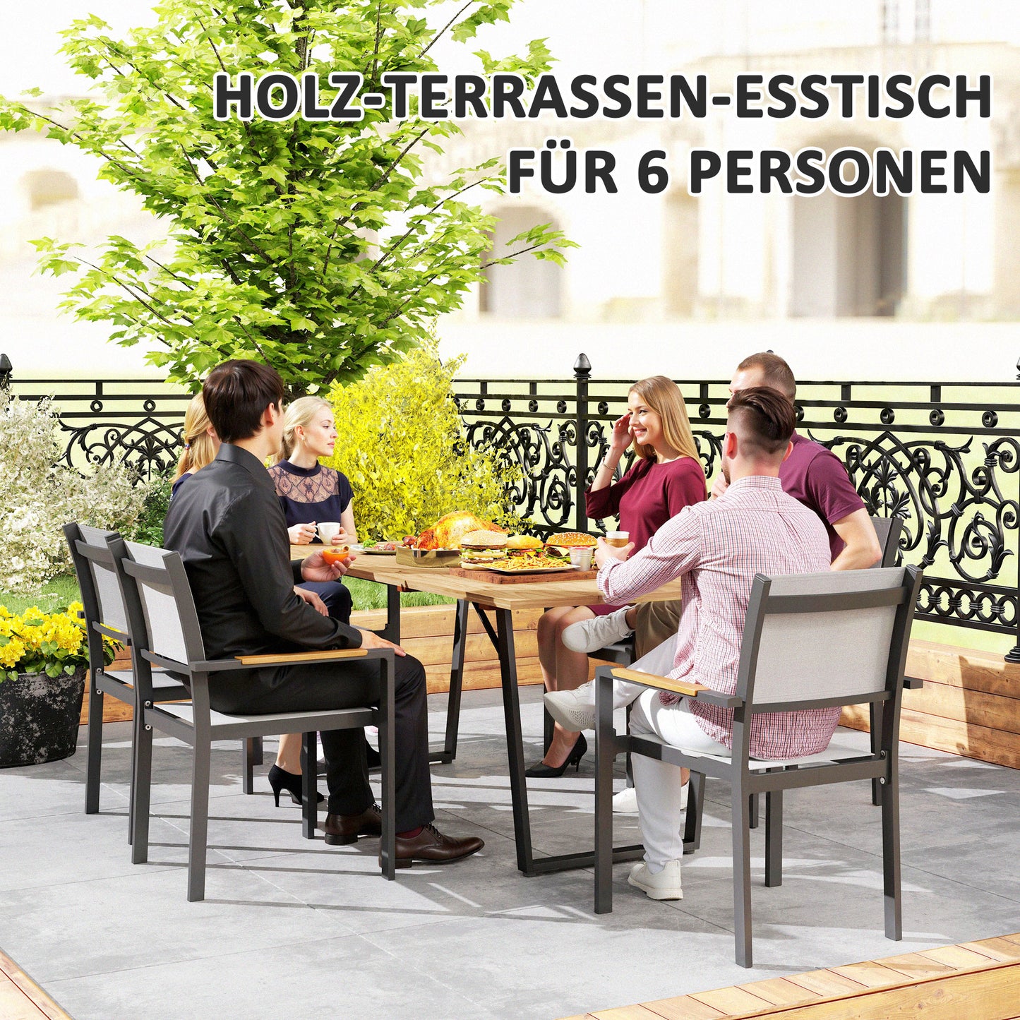 Outsunny Gartentisch Holz 175x80 cm Wetterfest Balkontisch mit Schirmloch Buffettisch für 6 Personen Braun