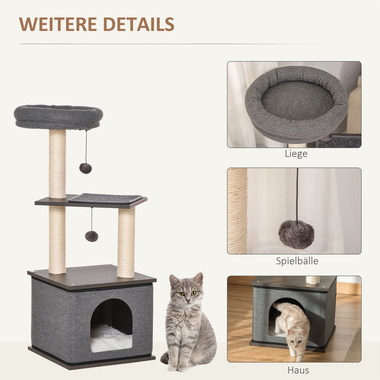 PawHut Katzenkratzbaum Katzenspielzeug Kletterbaum Spielmöglichkeiten Spielsisal Spielseil PB-Platte سيزال Dunkelgrau 40 × 40 × 104 سم