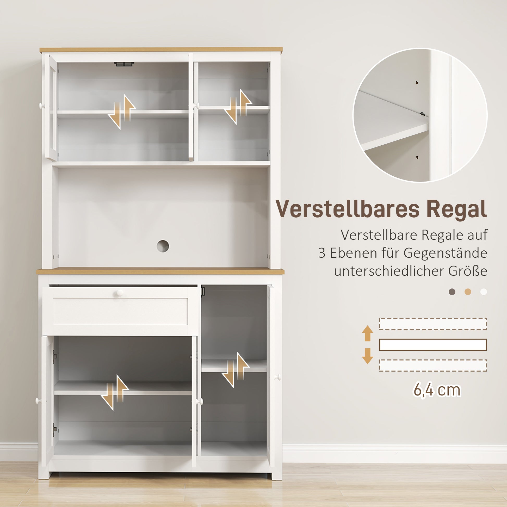 HOMCOM Küchenschrank im Landhausstil, 1 Vitrine, 1 offenes Regal, 1 Schublade, 2 Schränke, Natur + Weiß