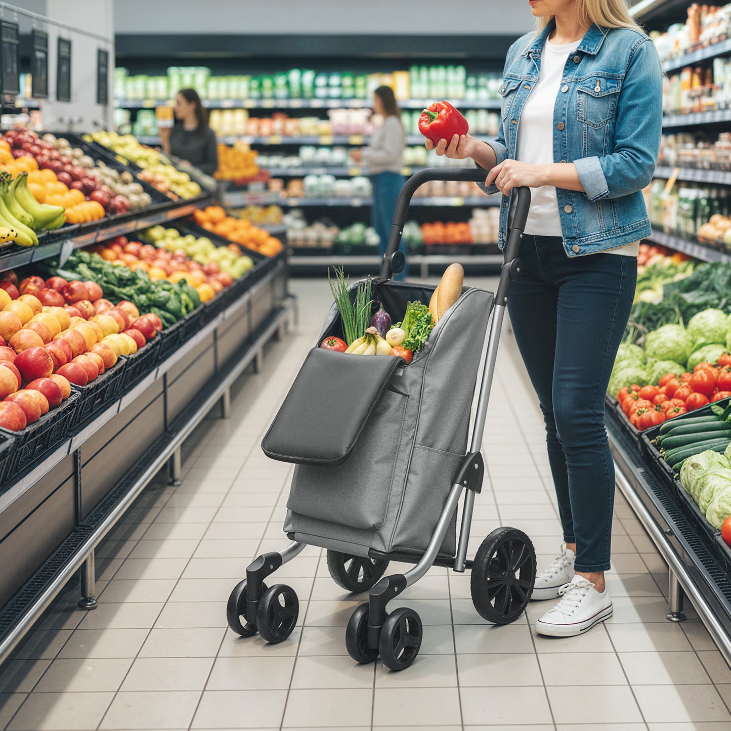 HOMCOM Einkaufstrolley, 46 Liter Tasche, Faltbarer Einkaufswagen mit Kühltasche, verstellbarer Griff, Aluminiumrahmen, Grau