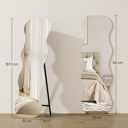 HOMCOM Ganzkörperspiegel ohne Rahmen, Holzbasis, flexibel platzierbar, Wellenform, Schwarz