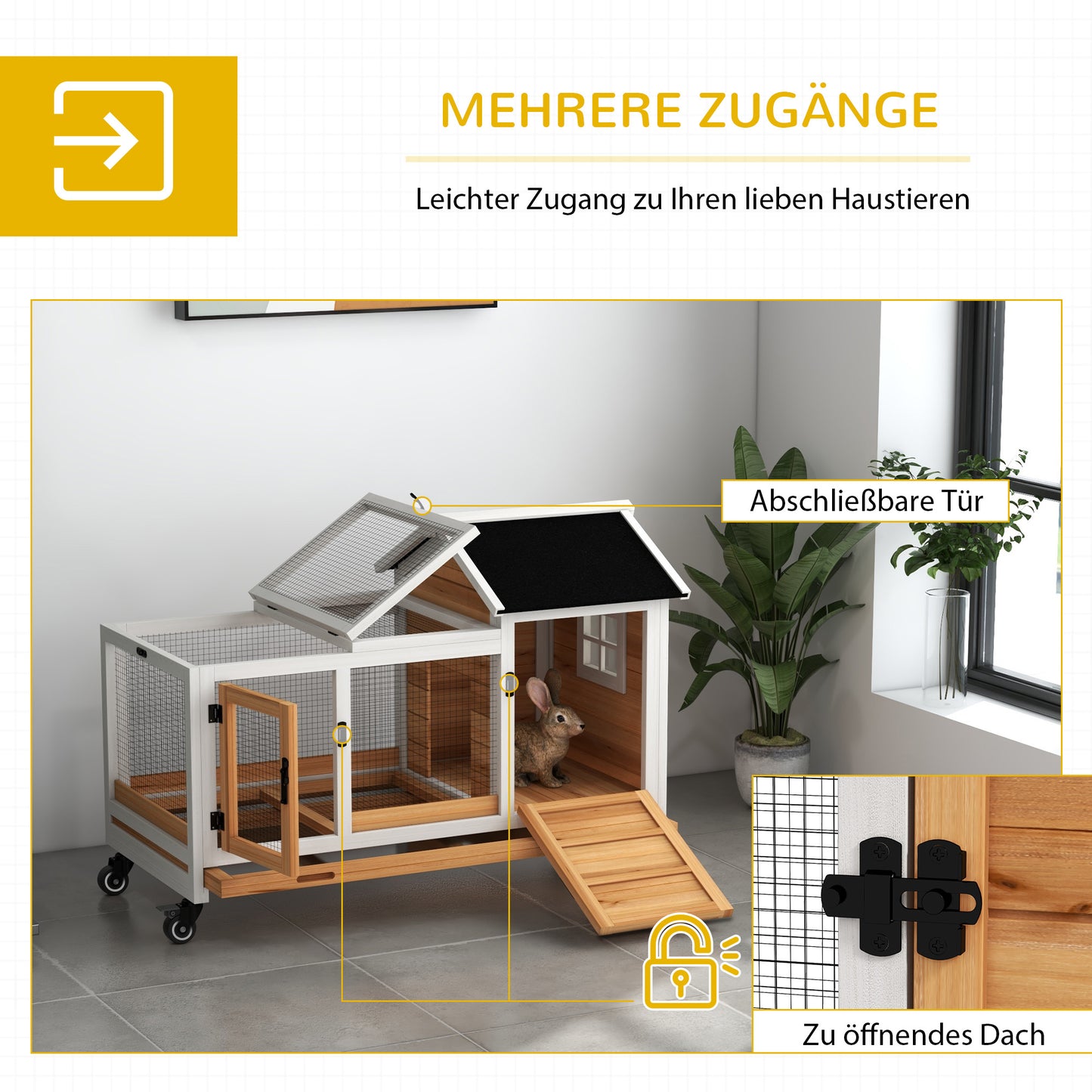 PawHut Kleintierstall für Zwergkaninchen, Meerschweinchen, mit Rädern, 108 x 58 x 73,5 cm, Gelb