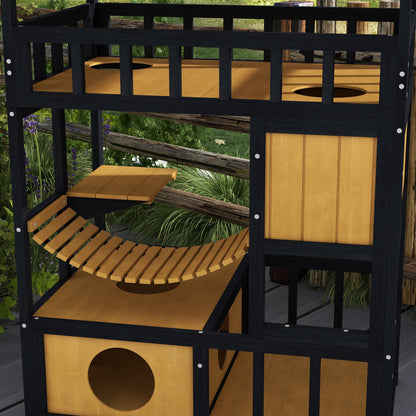 PawHut Katzenhaus, Katzenparadies mit Plattformen, Hängebrücke und Katzenhöhlen, für bis zu 2 Katzen geeignet, Holz