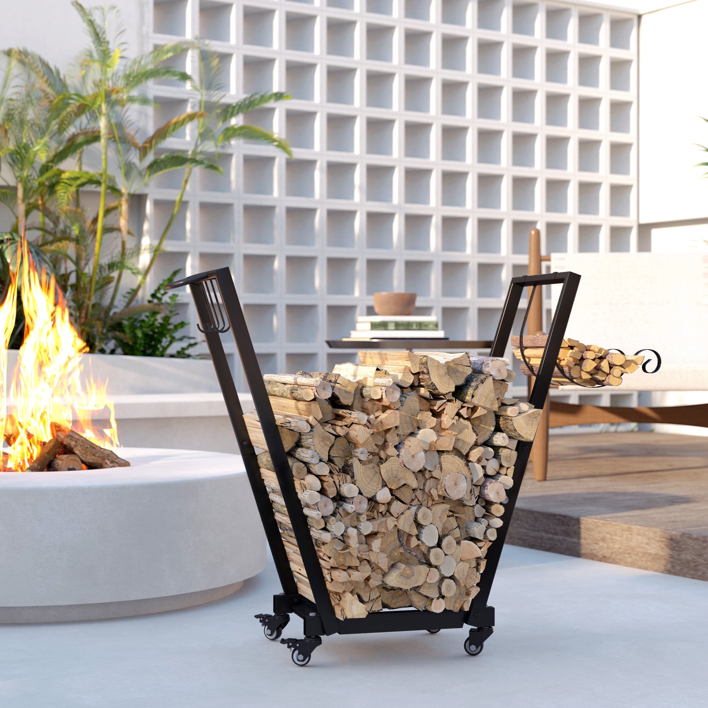 Outsunny Feuerholzgestell, trapezförmiges Design, pulverbeschichteter Metall, mobil mit Rollen, 79 x 30 x 81 cm, Schwarz