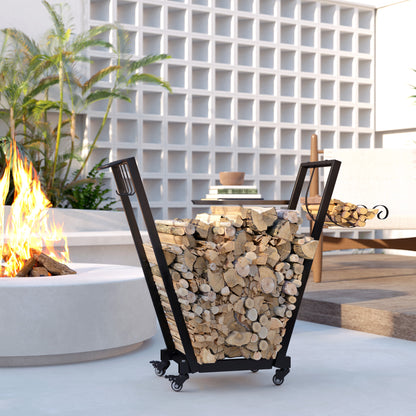 Outsunny Feuerholzgestell, trapezförmiges Design, pulverbeschichteter Metall, mobil mit Rollen, 79 x 30 x 81 cm, Schwarz