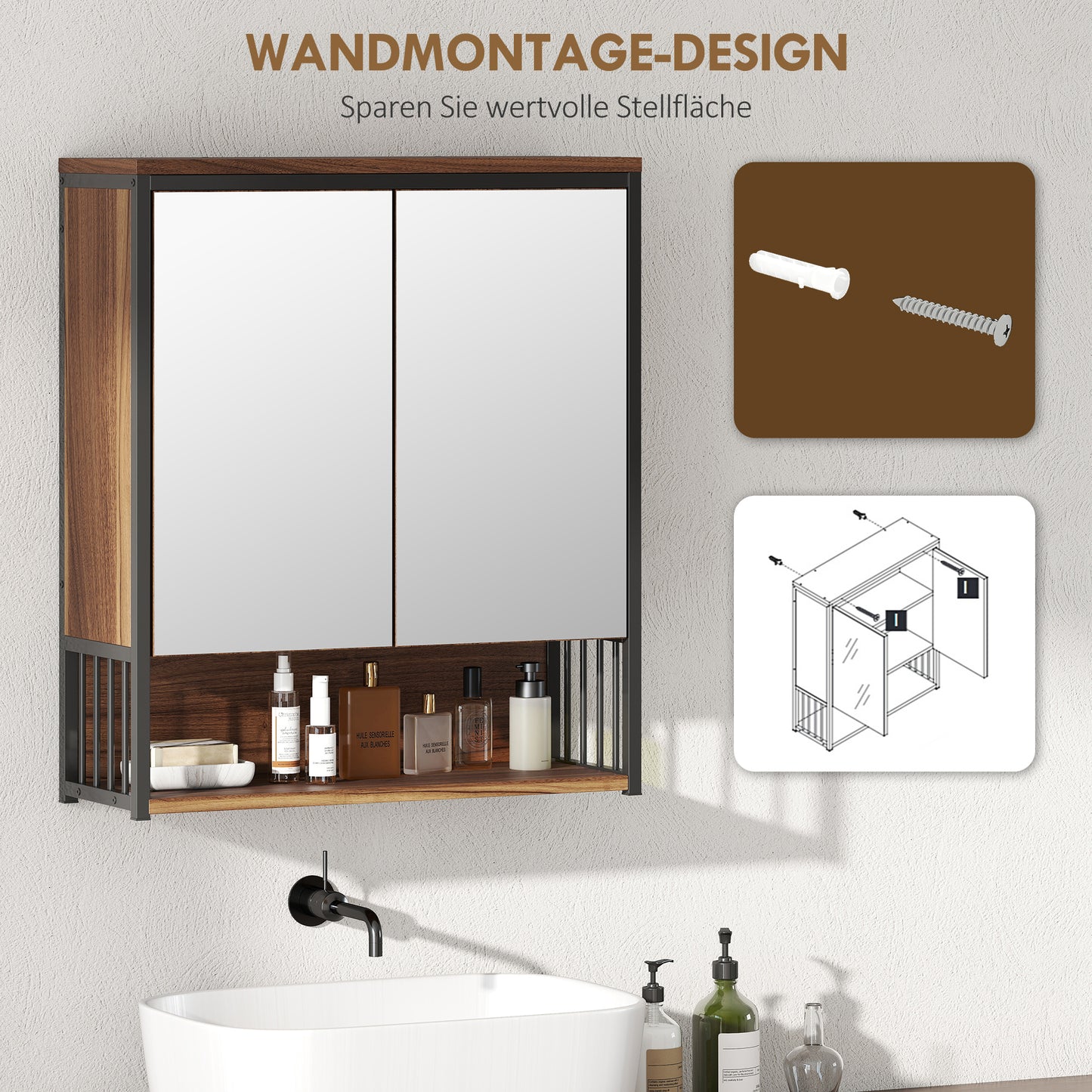HOMCOM Hängender Spiegelschrank für Badezimmer, Badschrank aus MDF, Spanplatte, Braun