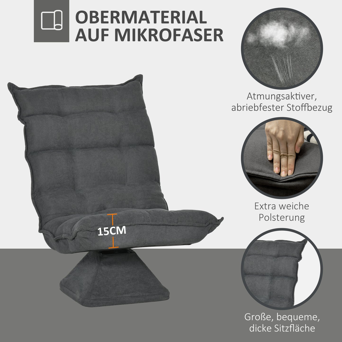 HOMCOM Relaxsessel Lesesessel, drehbar, Leinenoptik, 62 cm x 70 cm x 95 cm, Grau