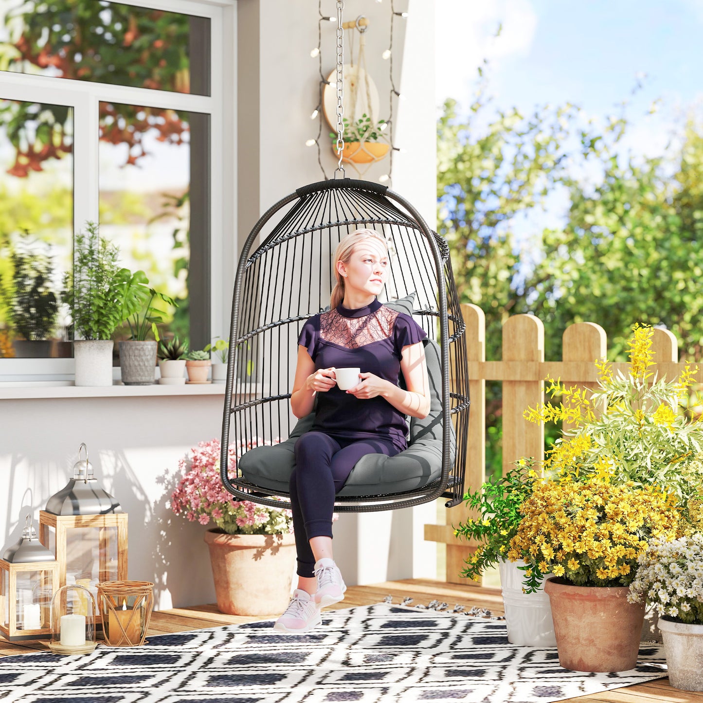 Outsunny Hängesessel Hängekorb mit Kissen Polyrattan Schaukel في الهواء الطلق قضيب داخلي داخلي 150 كجم Dunkelgrau