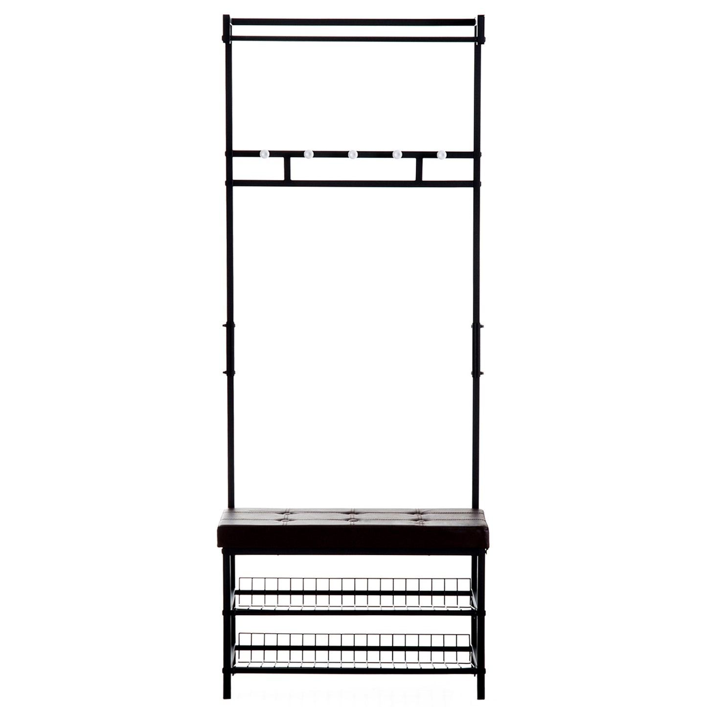 HOMCOM Garderobenständer Kleiderständer mit 5 Haken und Schuhbank mit 2 Ebenen Garderobe aus Metall für Flur, Schlafzimmer, 72,5 x35 x 180cm