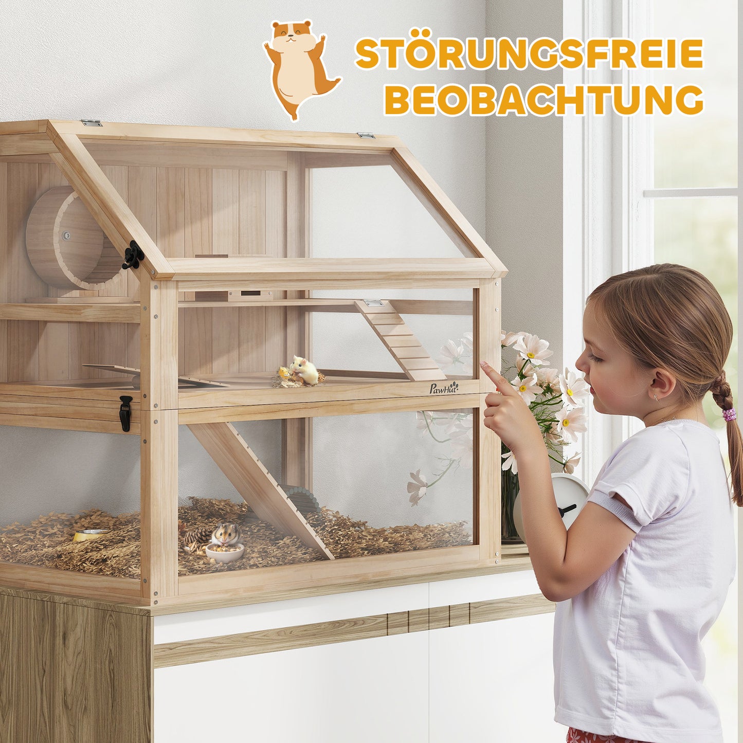 PawHut Hamsterkäfig aus Holz 3 Etagen Nagarium Nagerkäfig mit klappbarem Deckel Laufrad 80 x 50 x 76 cm Naturholz