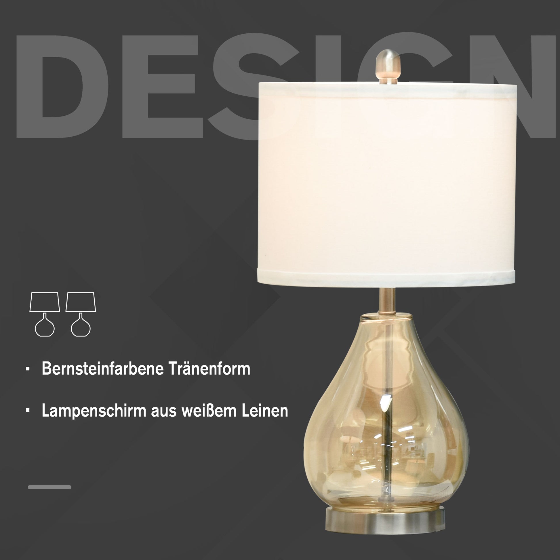 HOMCOM 2-Set Tischlampen Tischleuchten E27-Fassung Nachttischlampe 40 W Glas Leinen Metall Bernstein Ø30 x 56H cm