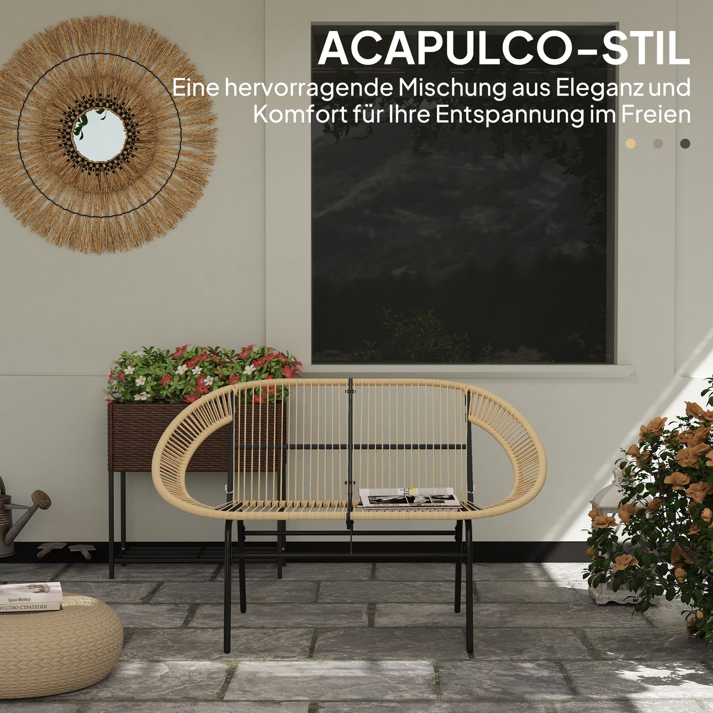 Outsunny 2-Sitzer Gartenbank Polyrattan، Wetterfest Sitzbank im Rattanflecht-Design، UV-Beständig 260kg belast Khaki