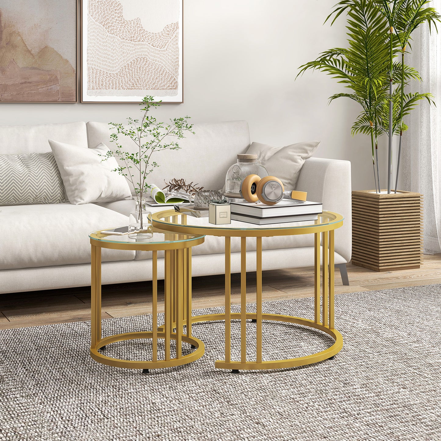 HOMCOM Beistelltisch-Set, 2 Satztische, Karbonstahl, Glasplatte, Ø60x47/Ø40x42 cm, Gold