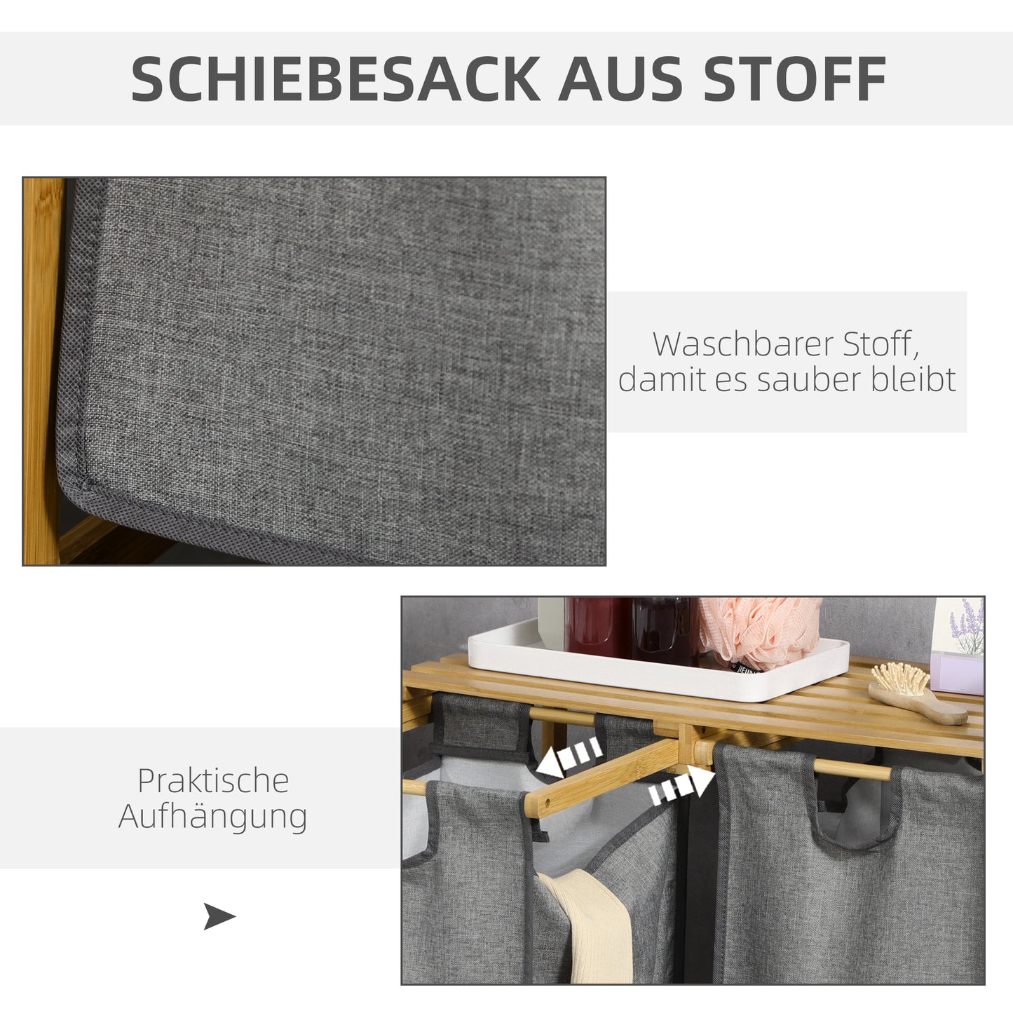 HOMCOM Wäschesammler Wäschekorb, 2 Wäschesäcke, 2 Griffe, Bambus, 63,5 x 33 x 73 cm, Grau + Natur