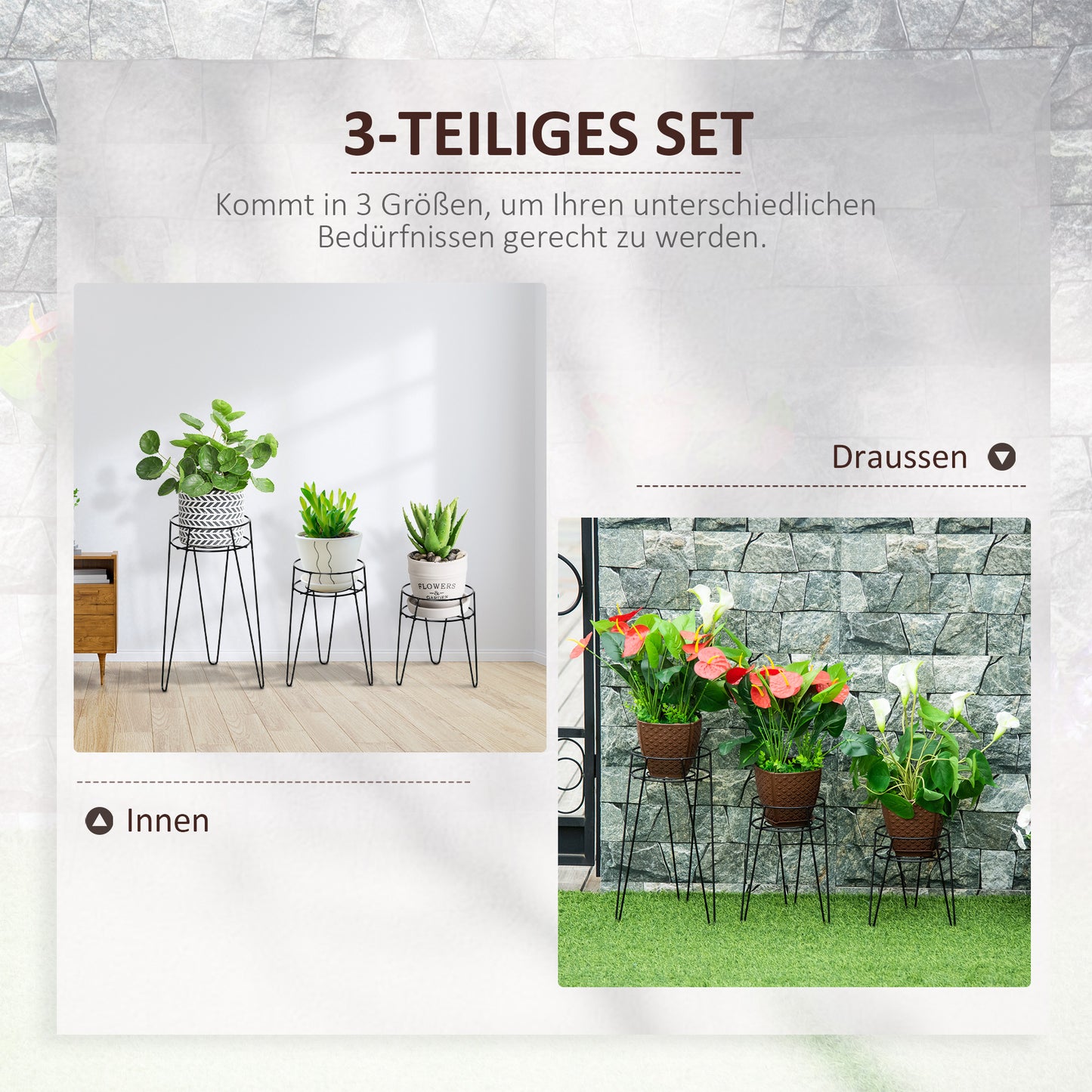 Outsunny Blumenständer 3er Set aus Metall Pflanzenständer Set Blumenhocker Blumentopfhalter Pflanzenhocker für Blumentopf bis Ø16 cm Schwarz