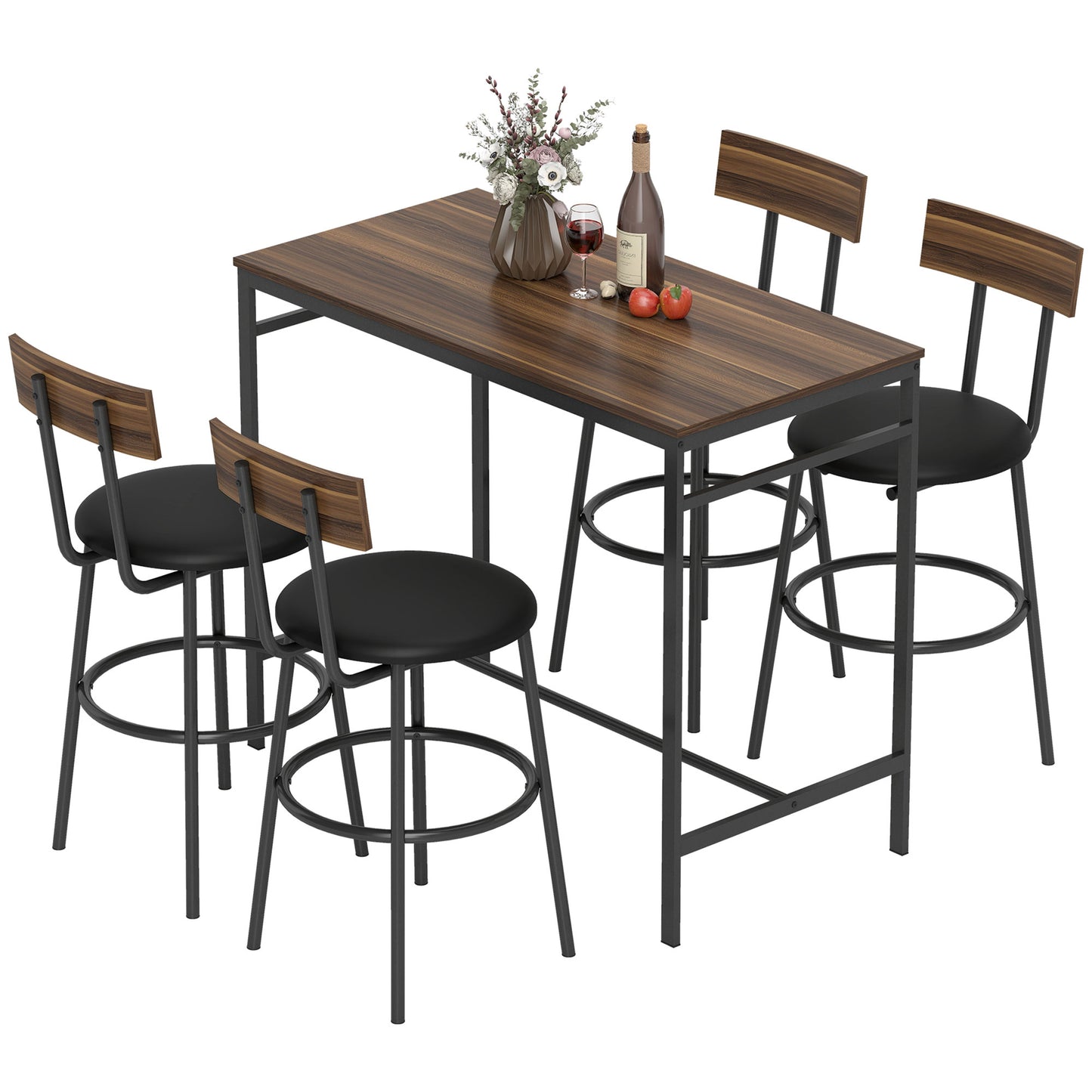 HOMCOM 5-teiliges Bartisch-Set mit 4 Stühlen, Industrielles Design, für Küche, Esszimmer, Holz, Stahl, Braun