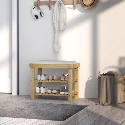 HOMCOM Schuhbank mit Sitzfläche, Bambus Sitzbank mit Stauraum, 2 offene Fächer, Sitzbank 60 x 29 x 49 cm Cremeweiß