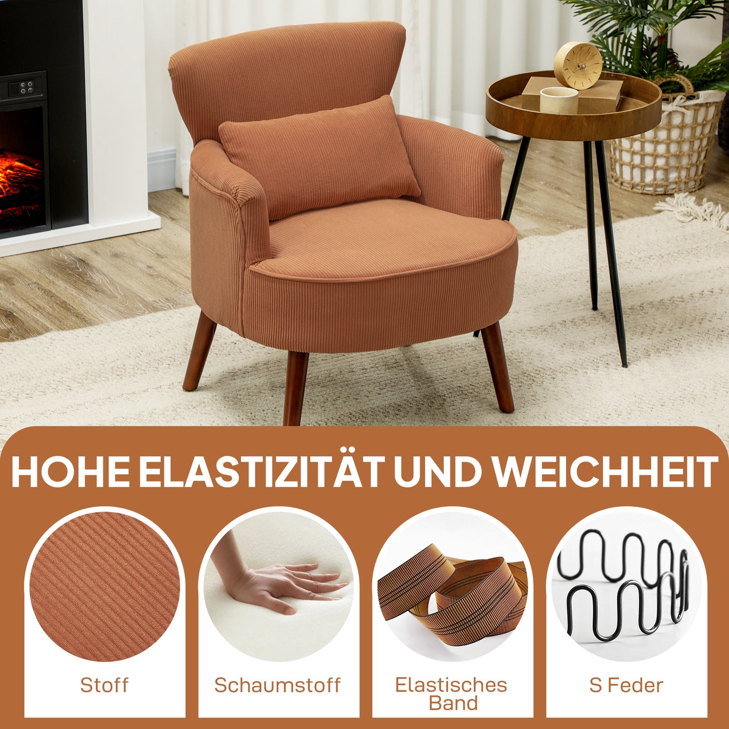 HOMCOM Moderner Armlehnstuhl، Gepolsterter Akzentstuhl mit Lendenkissen، Kautschukholzbeinen، Orange