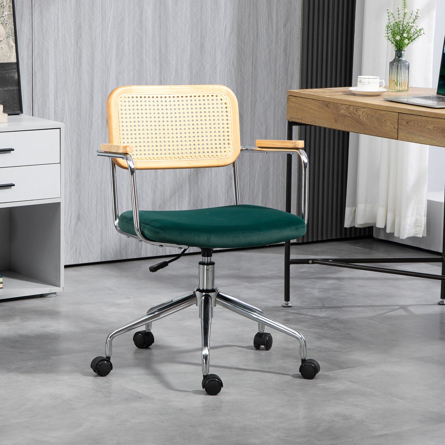 HOMCOM Bürostuhl, Boho-Design, Holzarmlehnen, drehbar, verstellbar, bis 120 kg, Stahl, Grün