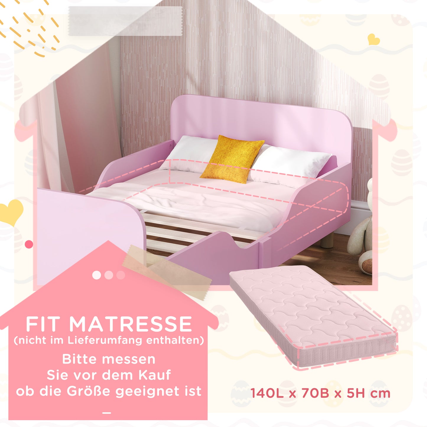 AIYAPLAY Kinderbettgestell، Einzelbettrahmen für Kinder، Schutzgitter، Kleines Bett für Kinderzimmer، MDF، ohne Matratze، Rosa