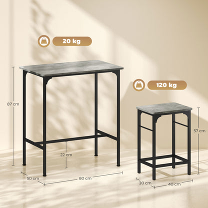 HOMCOM Bartisch Set Bartisch mit Barhocker-Set Esstisch mit 2 Stühlen mit Rutschfestem Fußpolster Grau