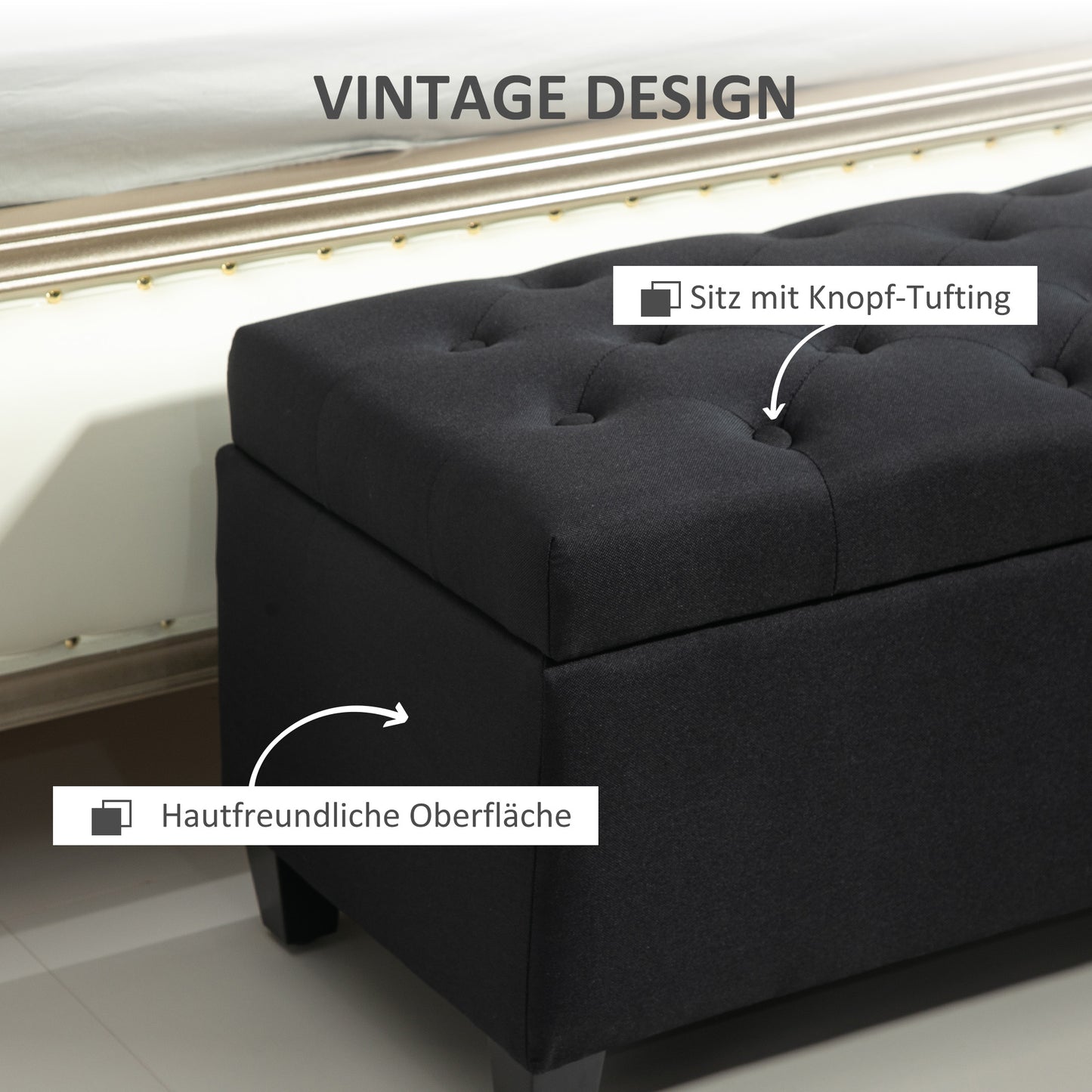 HOMCOM Sitzbank mit Stauraum, Truhenbank, leinenartiges Polyester, Kautschukholz, Schwarz, 100 x 40 x 44 cm