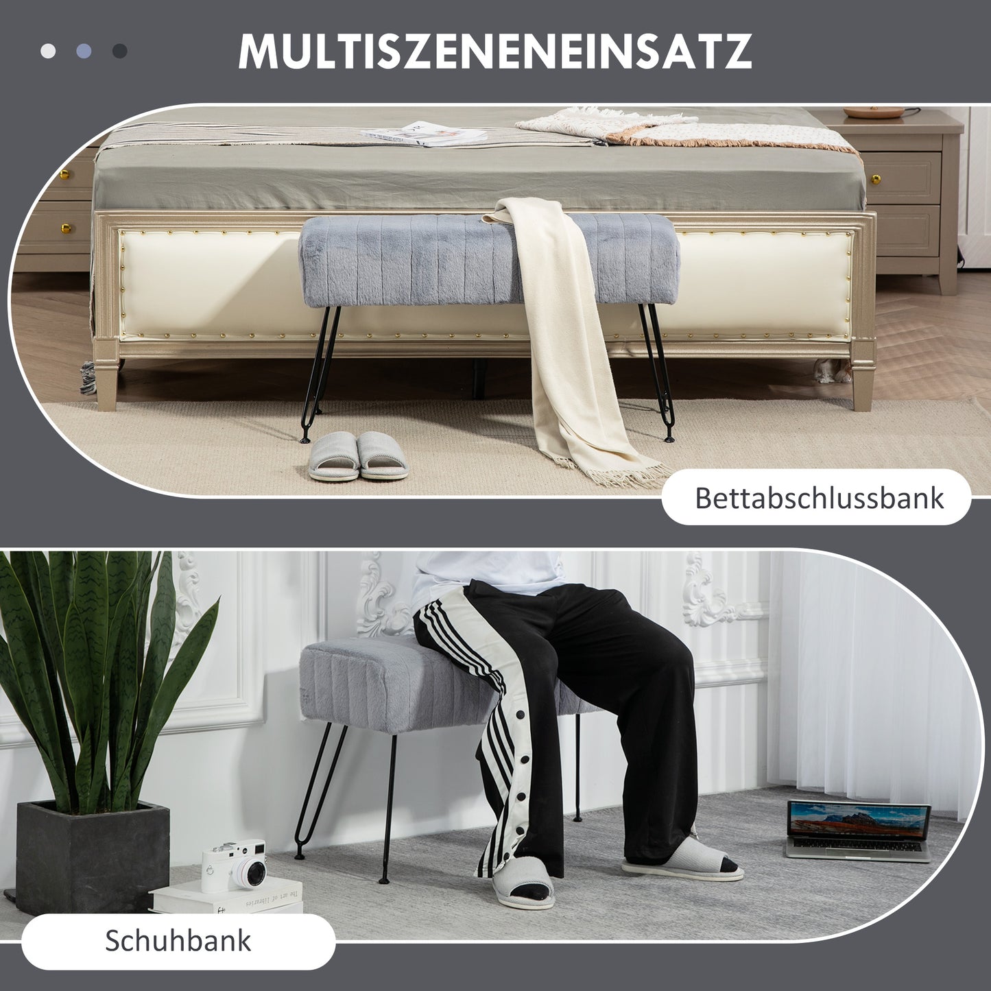 HOMCOM Sitzbank, gesteppter Sitz, Kunstfellbezug, Metallbeine, bis 120 kg, 82x30x47 cm, Grau/Schwarz