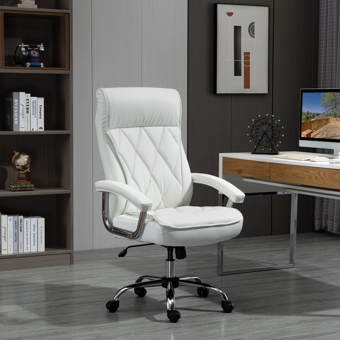 Vinsetto Bürostuhl, ergonomischer Schreibtischstuhl, höhenverstellbarer Drehstuhl mit Wippfunktion, Rautenmuster, Kunstleder, gepolsterter Chefsessel, Weiß
