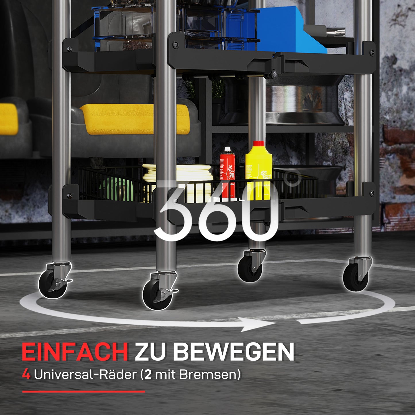 HOMCOM Werkzeug-Trolley, klappbarer 3-stufiger Werkzeugwagen, Kunststoff, Stahl, Schwarz