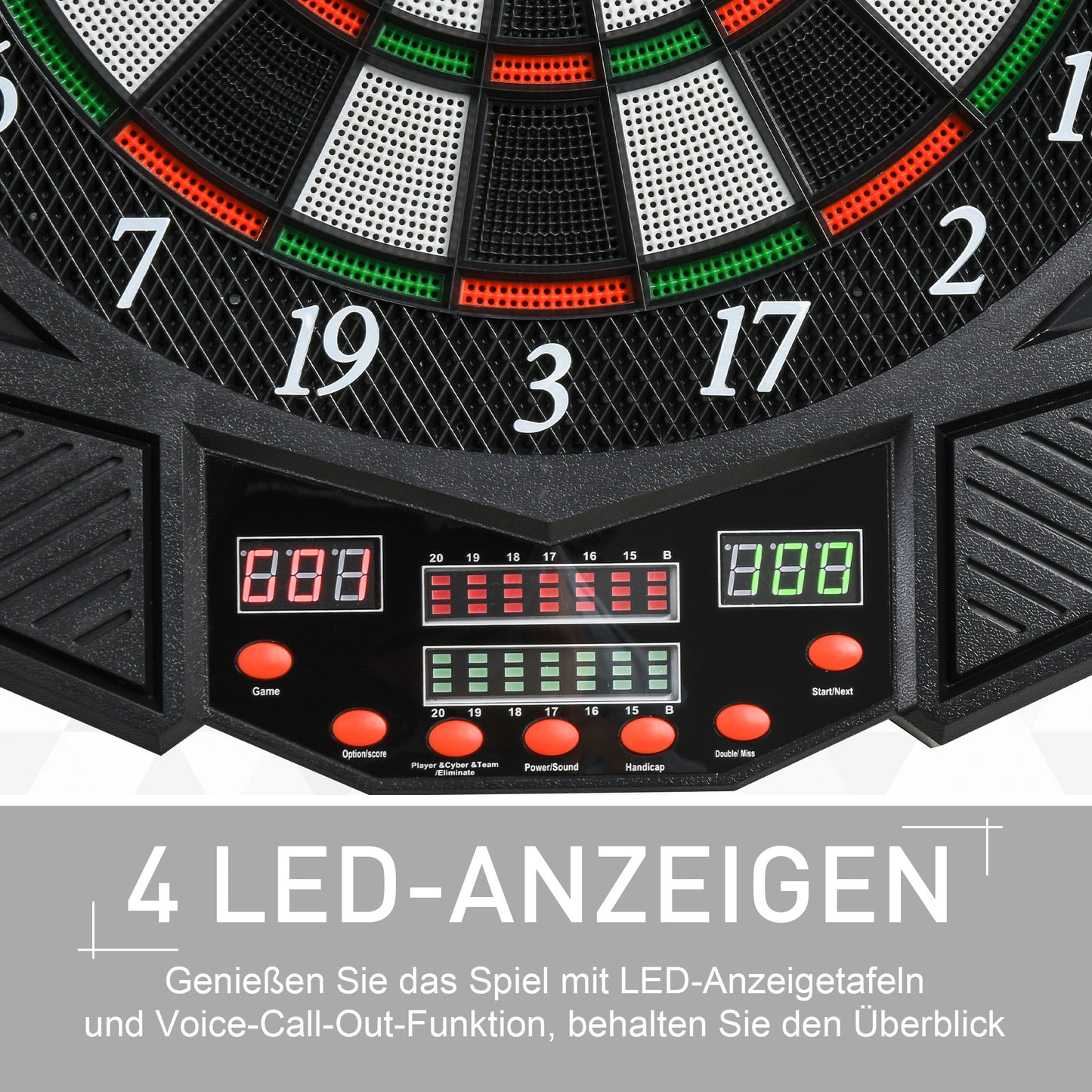 SPORTNOW Elektronische Dartscheibe Dartboard mit Sprachansagen Englische Stimme LED-Anzeigen 12 Darts 27 Spiele 216 Varianten Dartautomat mit Türen Dartscheibe Set für bis zu 8 Spieler