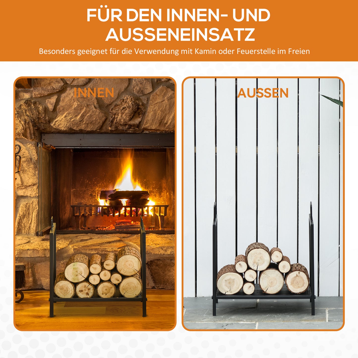 Outsunny Kaminholzregal für innen 44,5 x 33 x 46,5cm Brennholzregal mit Griffe für Feuerholz, Brennholz Metall Schwarz