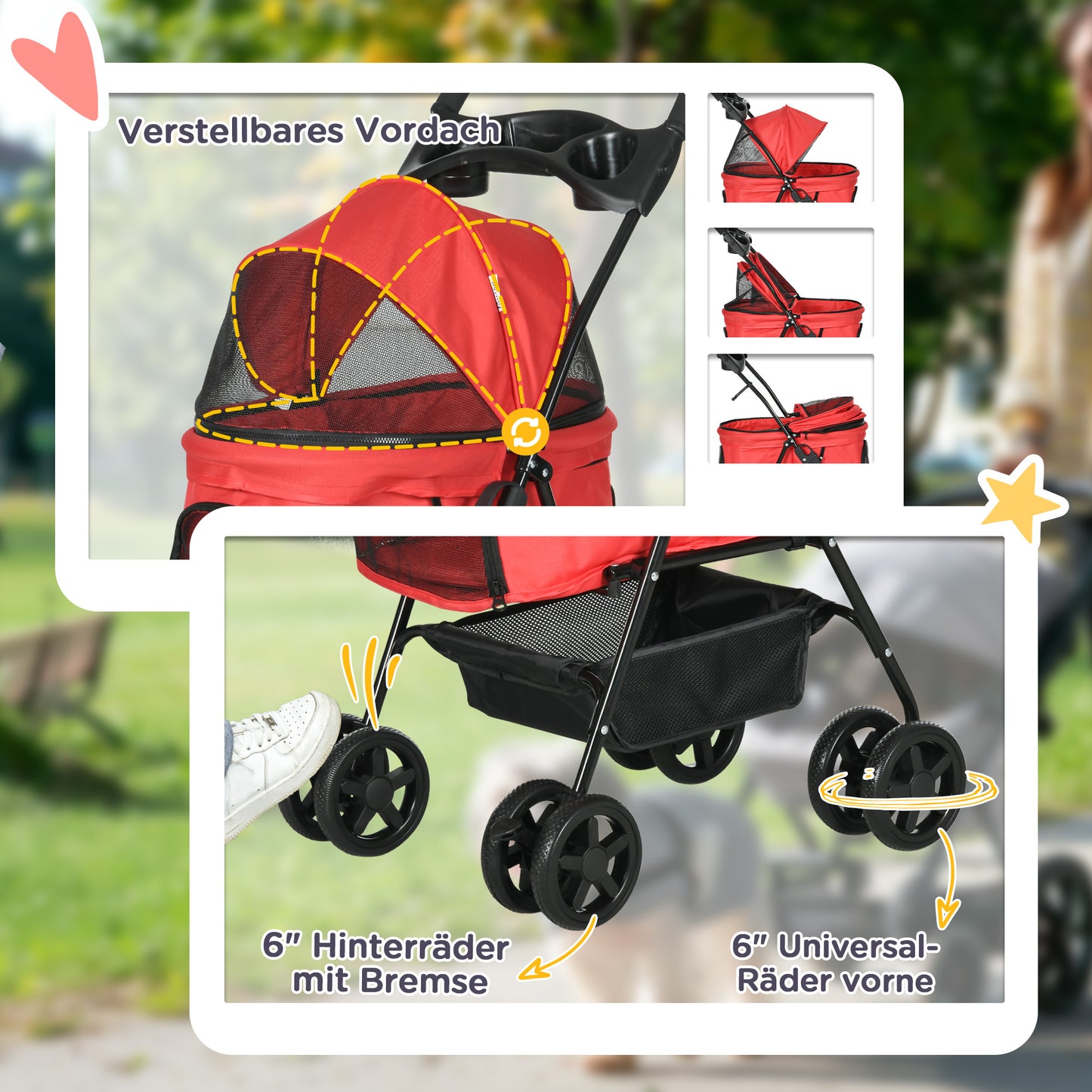 PawHut Hundebuggy Hundewagen bis 4 kg Klappbar Netzfenster Bodenkorb Becherhalter abnehmbares Dach rot 67 x 45 x 96 cm