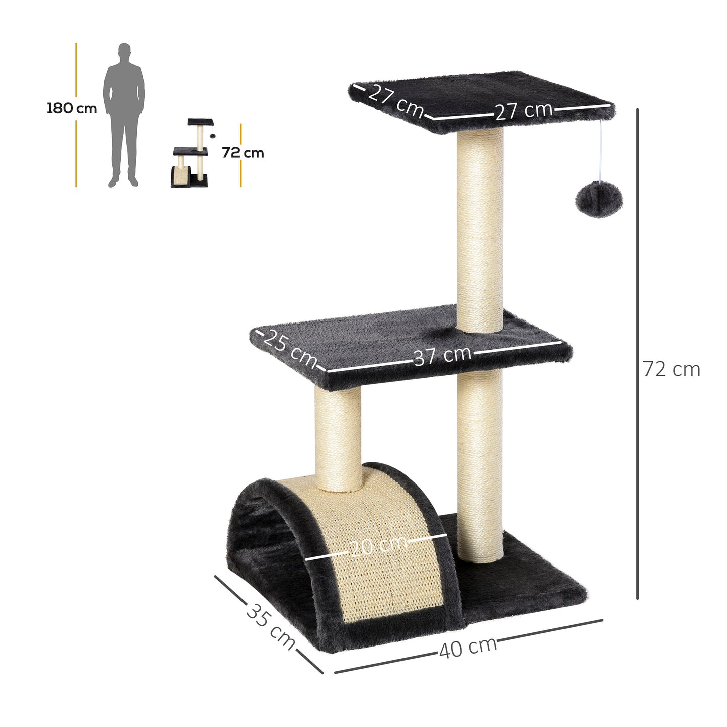 PawHut Kratzbaum 72 cm Katzenturm mit Plüschballen, Sisalstämme, Plattform, Kratzbrett mehrstöckiger Katzenkratzbaum, Kletterbaum, für mittelgroße Katzen, Grau