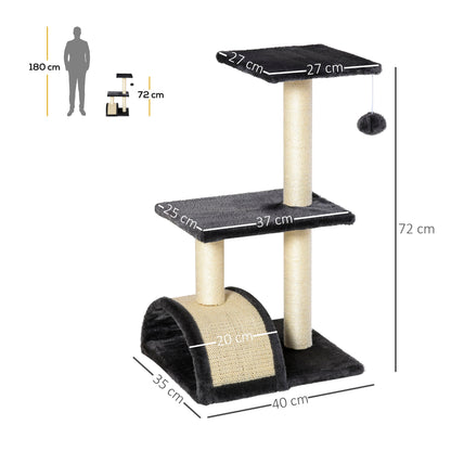 PawHut Kratzbaum 72 cm Katzenturm mit Plüschballen, Sisalstämme, Plattform, Kratzbrett mehrstöckiger Katzenkratzbaum, Kletterbaum, für mittelgroße Katzen, Grau