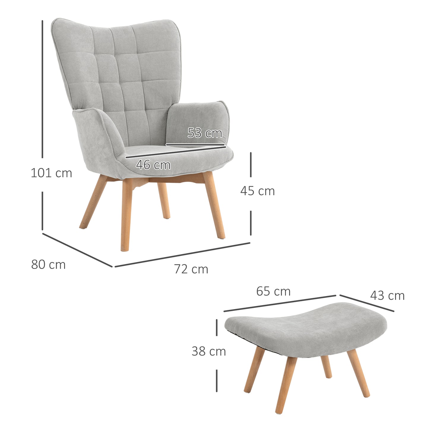 HOMCOM Akzentsessel mit Hocker, Relaxsessel in Cord-Optik, Armlehnstuhl mit Holzbeinen, für Wohnzimmer, Grau
