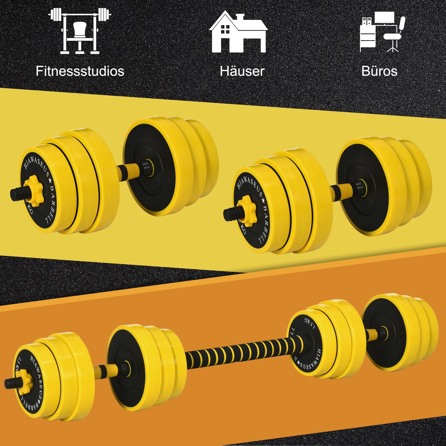 HOMCOM 25 kg Hantel & Langhantel,Einstellbare ergonomische 3-in-1 Hantelset,12 × Platten,2 × Kurze Stöcke,1 × Langer Stock,Gelb+Schwarz