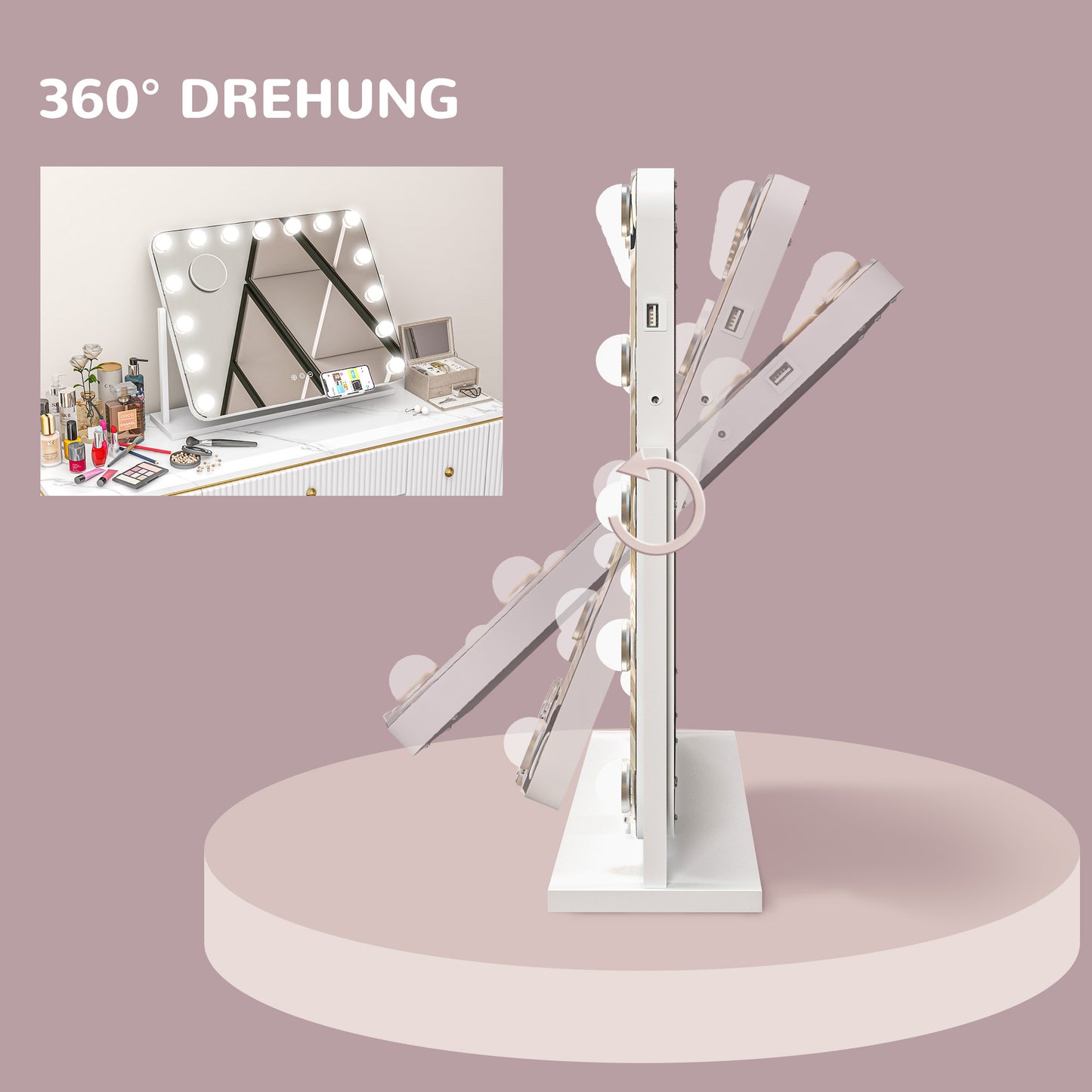 HOMCOM LED-Kosmetikspiegel, 3 Lichtmodi, dimmbar, Touchsteuerung, USB, 62,5 x 49,5cm, Weiß