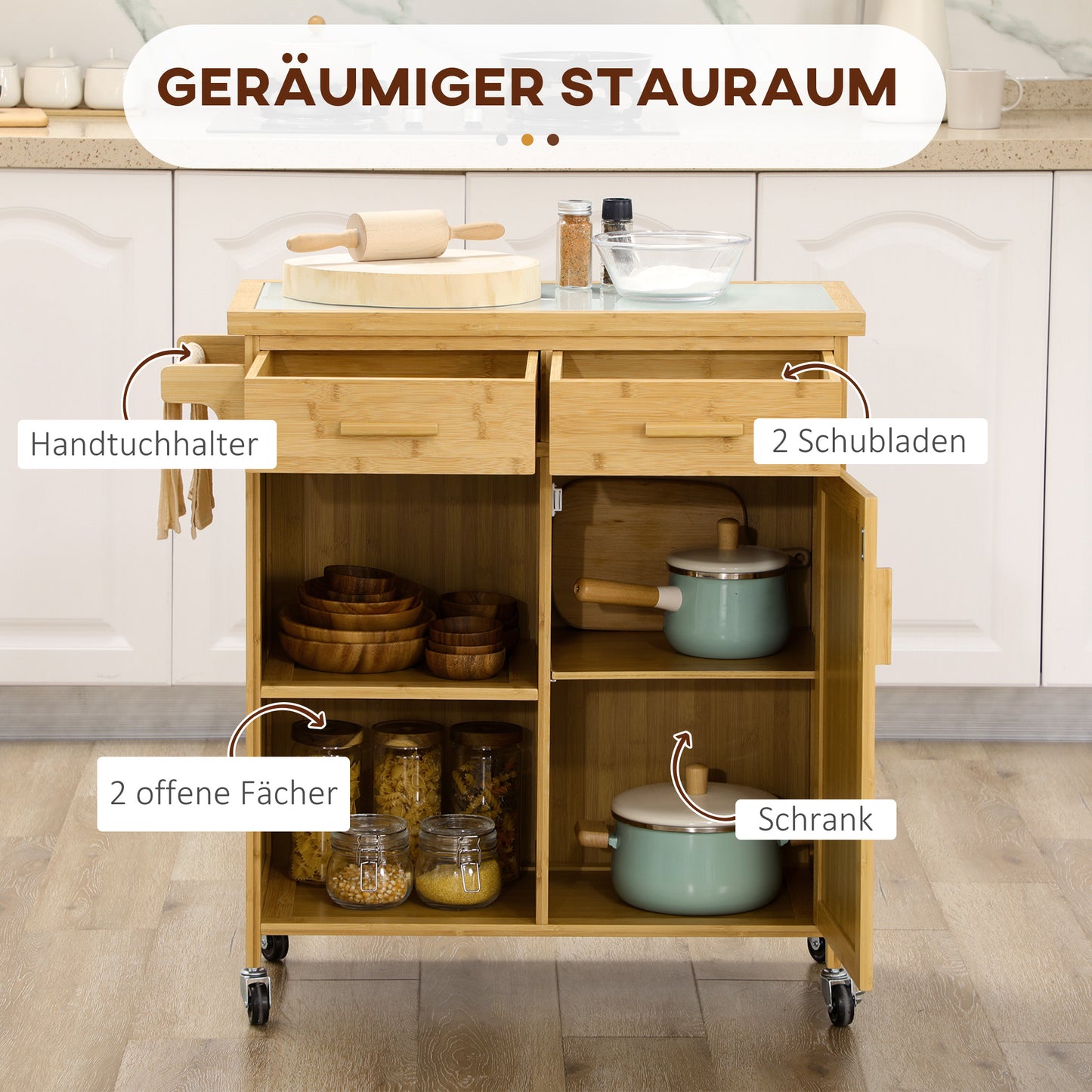 HOMCOM Küchenwagen aus Bambus, Mehrzweckwagen, Sevierwagen, 2 Schubladen, 1 Schrank, 2 Regale, Natur