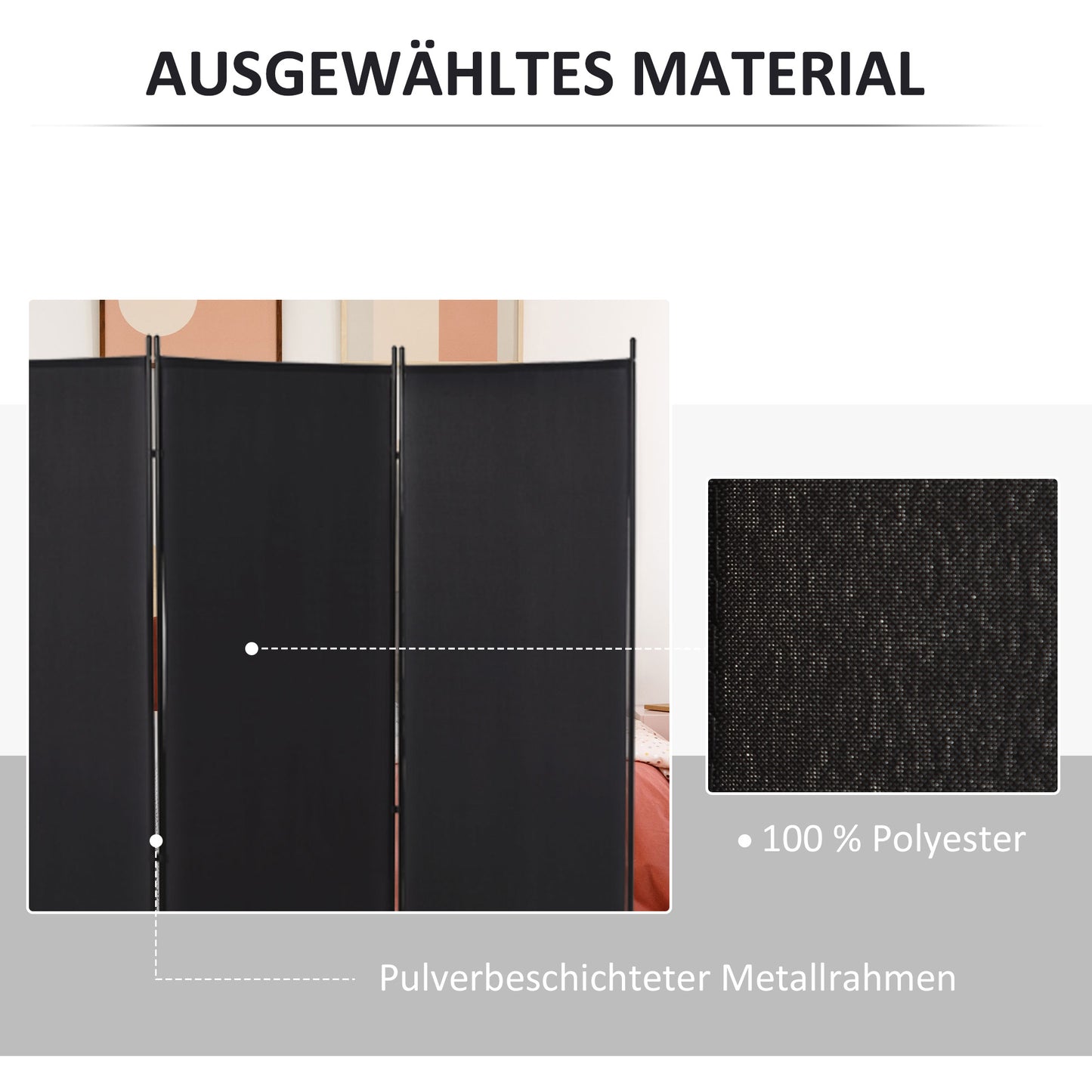 HOMCOM Raumteiler, 3-teiliger Sichtschutz, Raumtrenner mit Metallrahmen, Schwarz