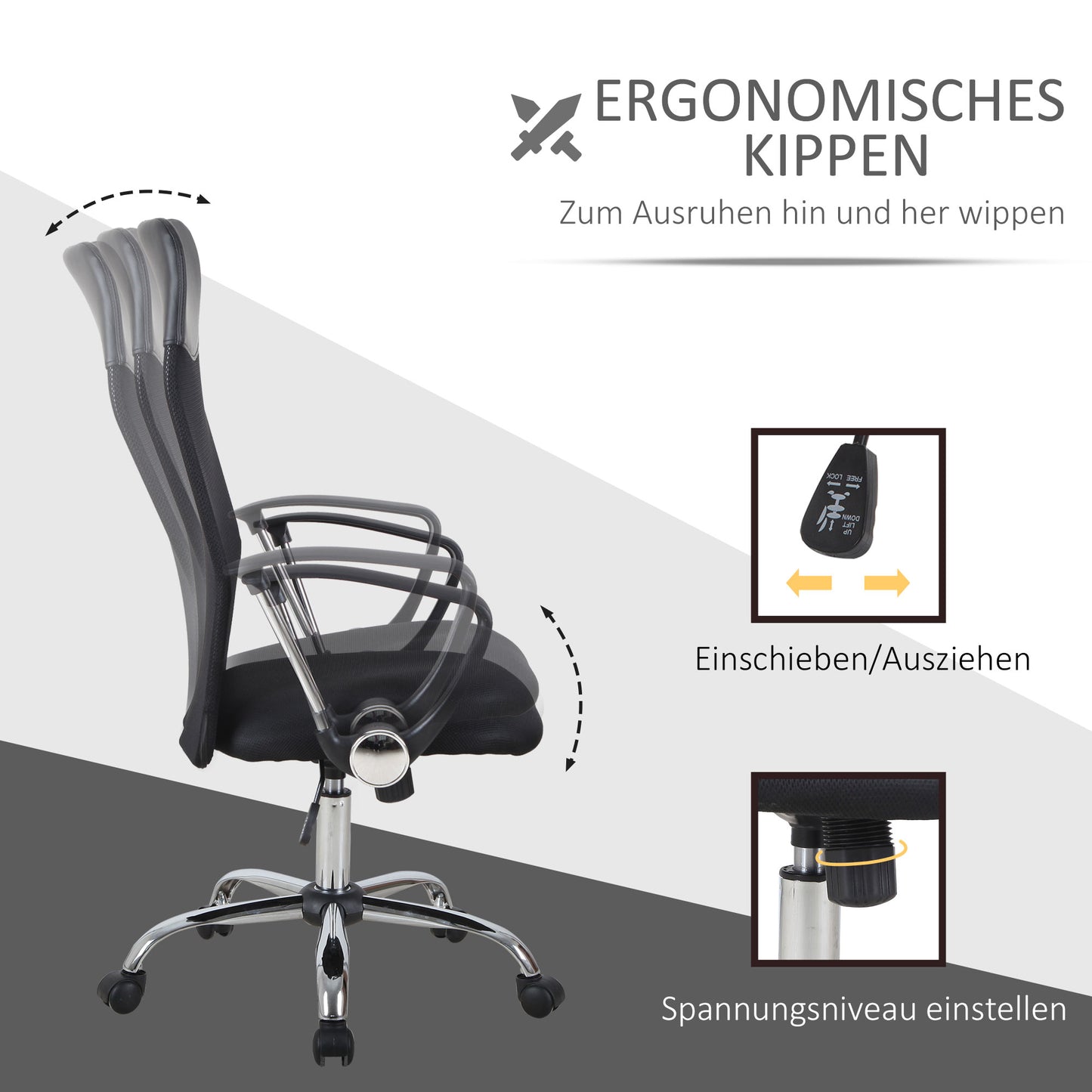 HOMCOM Ergonomischer Bürostuhl, Gaming Stuhl, Drehstuhl mit Wippenfunktion, höhenverstellbarer Schreibtischstuhl, Schaumstoff, Netz, Schwarz, 63 x 65 x 109-119 cm