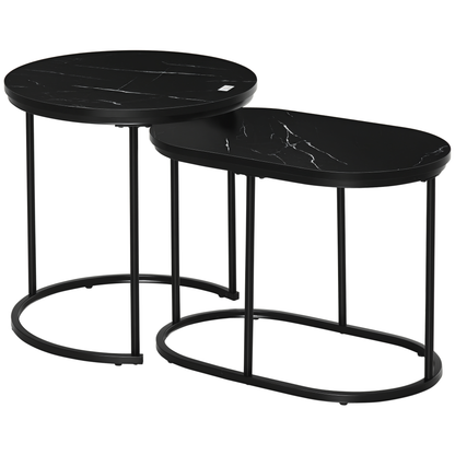 HOMCOM 2er-Set Couchtisch، Ovaler und runder Kaffeetisch، Stapelbar، Marmoroptik، MDF، Metall، Ø50 x 50,5H cm، Schwarz