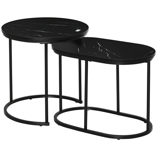 HOMCOM 2er-Set Couchtisch, Ovaler und runder Kaffeetisch, stapelbar, Marmoroptik, MDF, Metall, Ø50 x 50,5H cm, Schwarz
