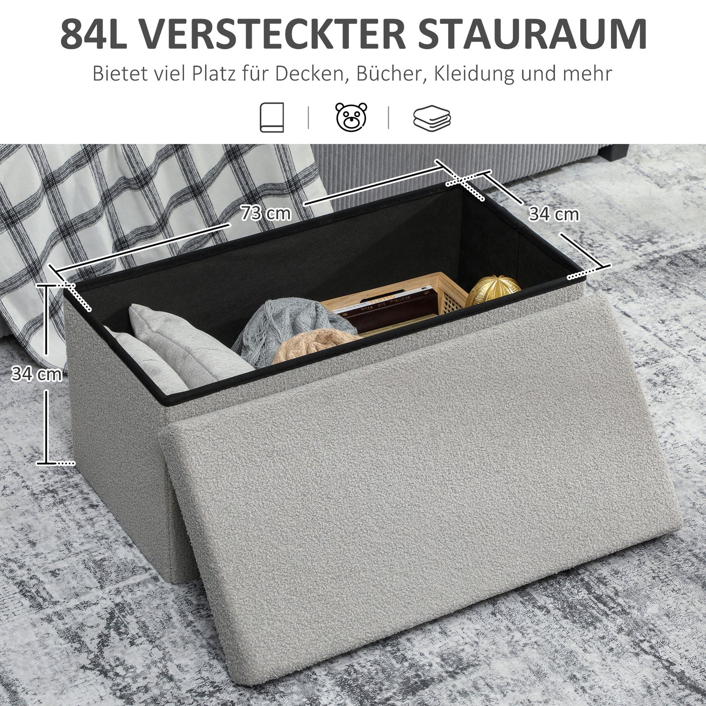 HOMCOM Aufbewahrungshocker, Polsterbank mit Stauraum und Deckel für Wohnzimmer, Schlafzimmer, Flur, Hellgrau