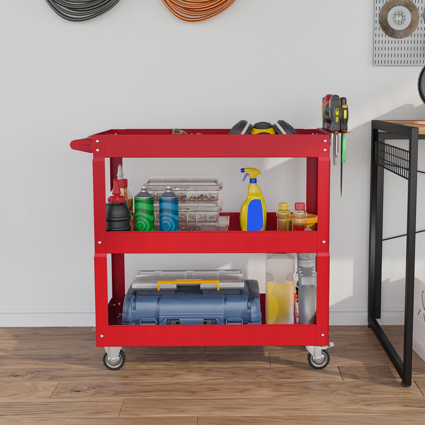 DURHAND 3-stufiger Werkzeugwagen, 4 Rollen, Stahl, 83B x 35,3T x 76H cm, Rot
